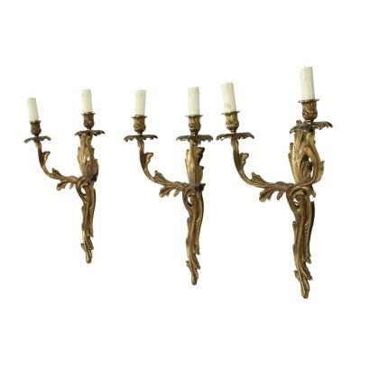 Set Of 3 Barocchetto Revival Wall Lights Gilded Bronze Italy 20th Cent