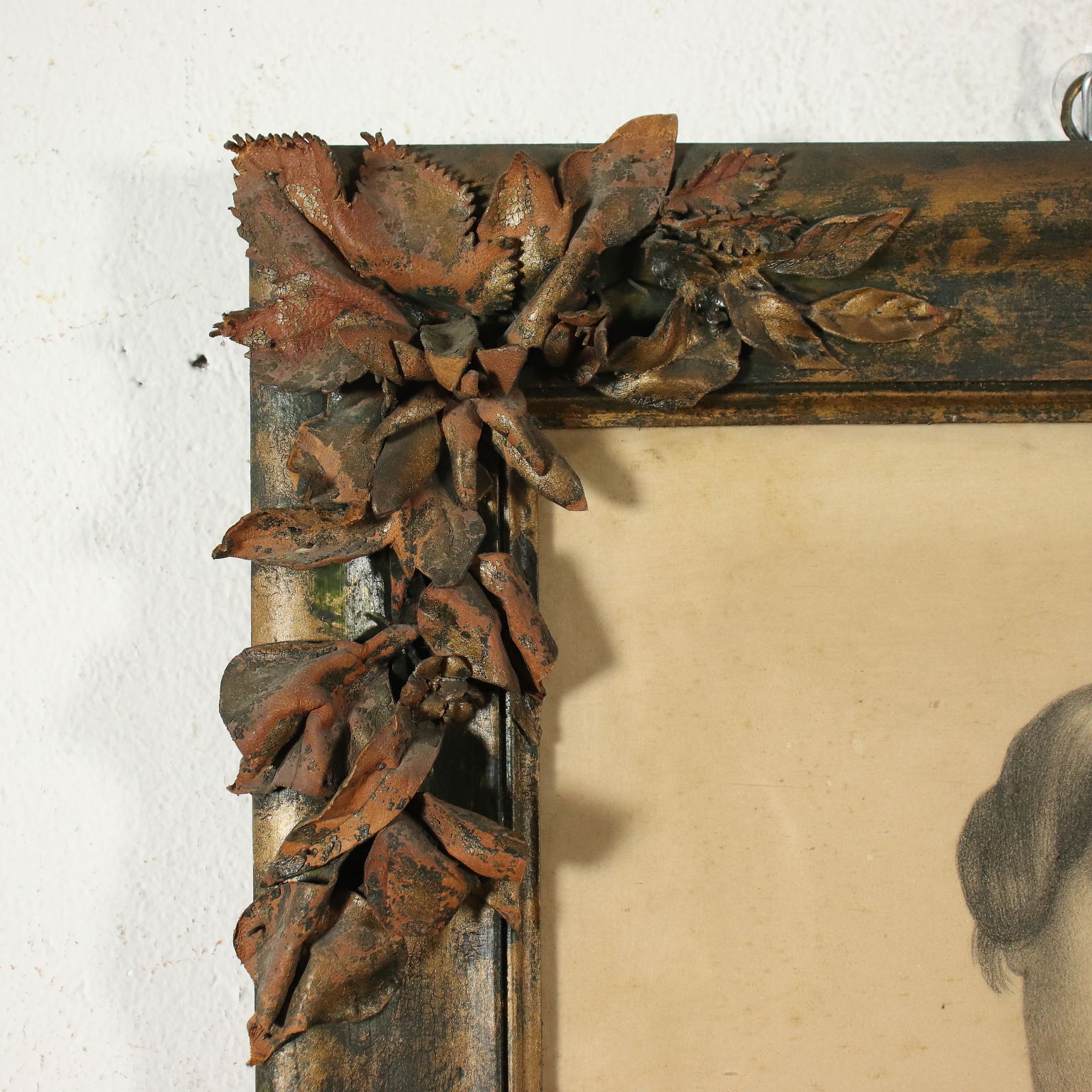 Cortile con ragazza, antica incisione, 30x21 cm, entro cornice