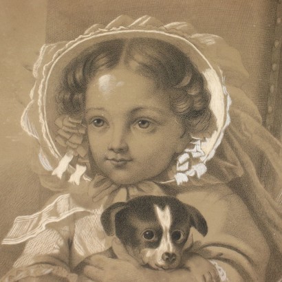 Portrait Of A Young Girl With A Dog Pencil Charcoal White Lead 1900