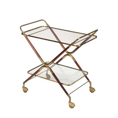 Service Trolley Wood Brass Glass Italy 1950s