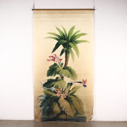 Large painting on fabric, vegetation and parrot