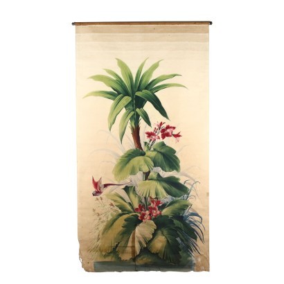 Large painting on fabric, vegetation and parrot