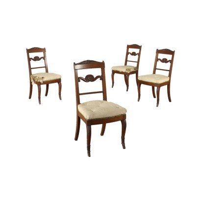 Group Of 4 Restoration Chairs Walnut Padded Italy 19th Century