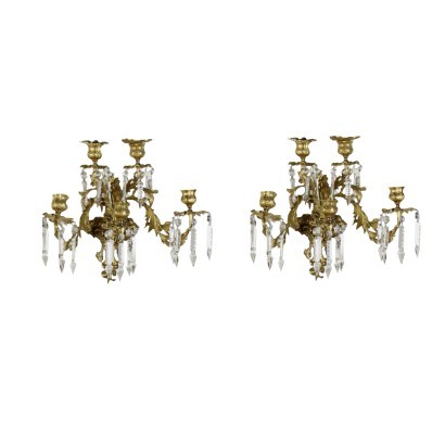 Pair Of Eclectic Revival Wall Lights Gilded Bronze 20th Century