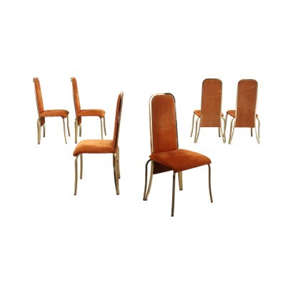 Group Of Six Chairs Foam Chromed Metal Fabric Brass Italy 1970s 1980s