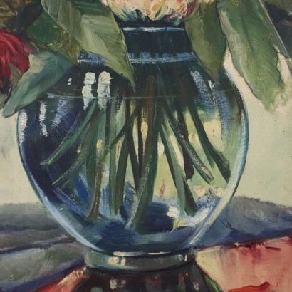 Flower Arrangement in Glass Vase Oil on Canvas Italy \'900