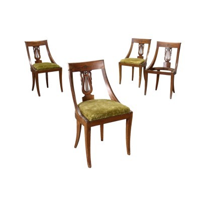 Group of 4 Empire-Style Chairs Walnut Brass Italy '900