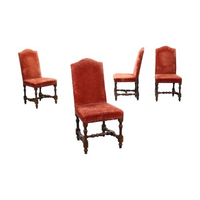 Groupe de 4 Chaises à Rochet Baroques Noyer Velour - Italie XVIII S