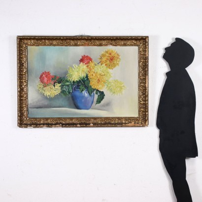 Komposition von Blumen in Blauer Vase Öl auf Karton Italien 1947