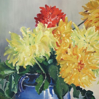 Composition of Flowers in Blue Vase Oil on Cardboard Italy 1947