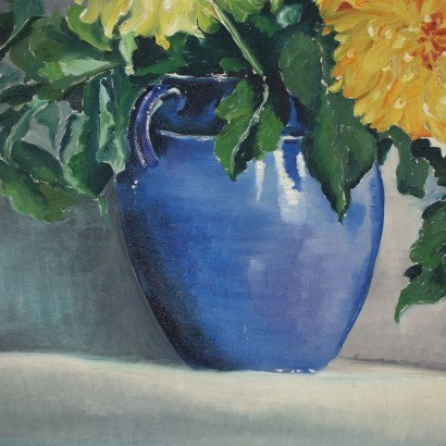 Composition of Flowers in Blue Vase Oil on Cardboard Italy 1947