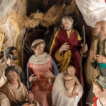Nativity Scene Mahogany Bronze Fabric Italy XIX Century