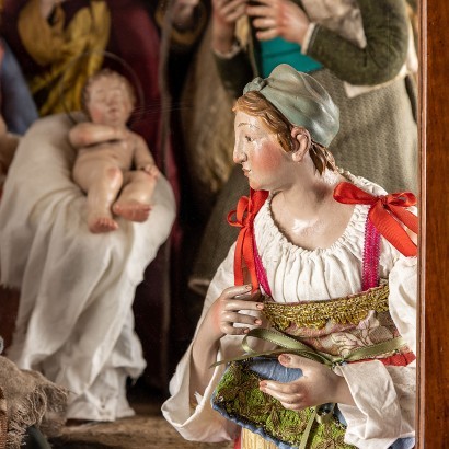 Nativity Scene Mahogany Bronze Fabric Italy XIX Century