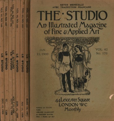 The Studio annata 1908 (8 fascicoli): vol. 42 n. 178 gennaio, vol. 43 n. 180 marzo, vol. 43 n. 182 maggio, vol. 44 n. 183 giugno, vol. 44 n. 185 agosto, vol. 44 n. 186 settembre, vol. 45 n. 187 ottobre, vol. 45 n. 189 dicembre