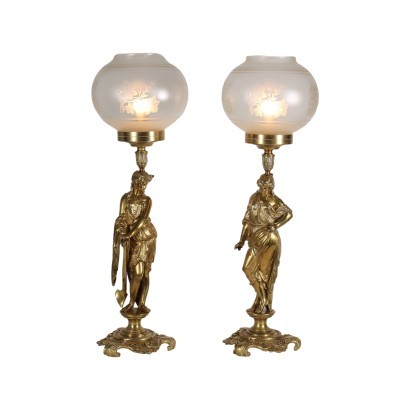 Paar Lampen Vergoldete Bronze Milchglas Italien XX Jhd