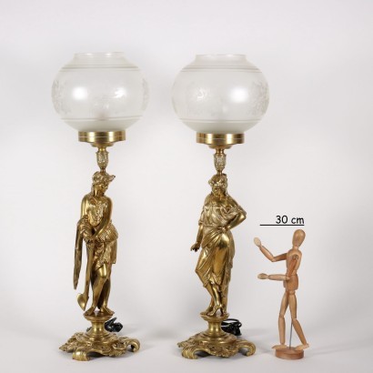 Paire de Lampes en Bronze Doré Verre Italie XX Siècle