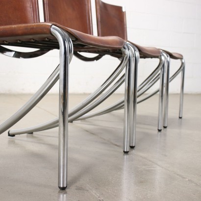Group of 4 Chairs by Acerbis Leather Chromed Tubular Italy 1970s