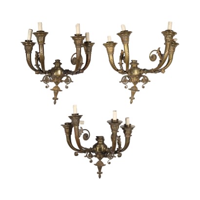 Trio of 4 Lights Appliques Gilded Bronze Italy XX Century