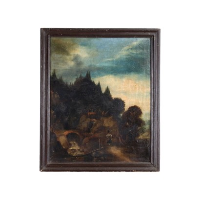 Landscape with River and Female Figure Oil on Canvas Italy XIX C