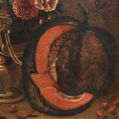 Nature Morte aux Fleurs Fruits et Chardonneret Huile sur Toile Italie