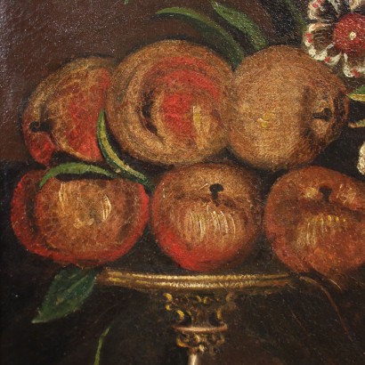 Nature Morte aux Fleurs Fruits et Chardonneret Huile sur Toile Italie