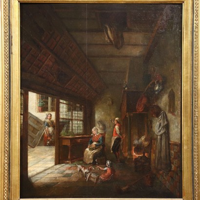 Scène d'Intérieur Huile sur Table XVII Siècle