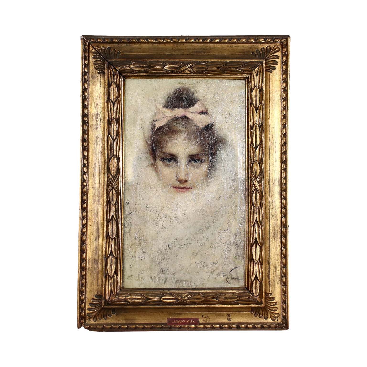 Peinture vintage Visage de femme à l'huile, contreplaqué et