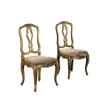 Paire de Chaises Rembourré Bois Doré Italie XX Siècle