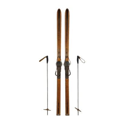 Ski mit Stöcken Leder Holz Metall Italien 1930er-1940er