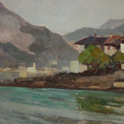 Aperçu du Lac Majeur Huile sur Contreplaqué - Italie Années 1930