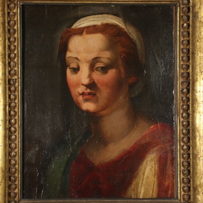 Antikes Gemälde Weiblicher Kopf A. Del Sarto Attr. Tempera auf Holz