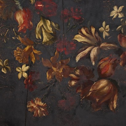 Flower Garland Oil on Wooden Table Italy XIX Century