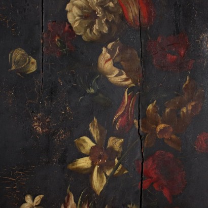 Flower Garland Oil on Wooden Table Italy XIX Century