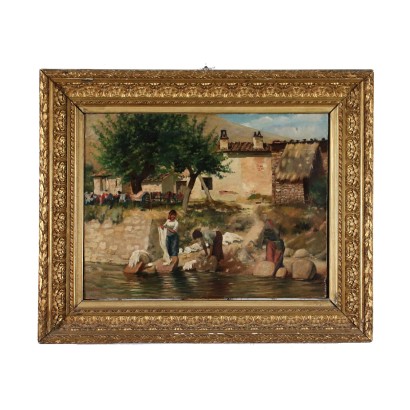 Landscape with Washerwomen Oil on Canvas - Italy XIX-XX Century