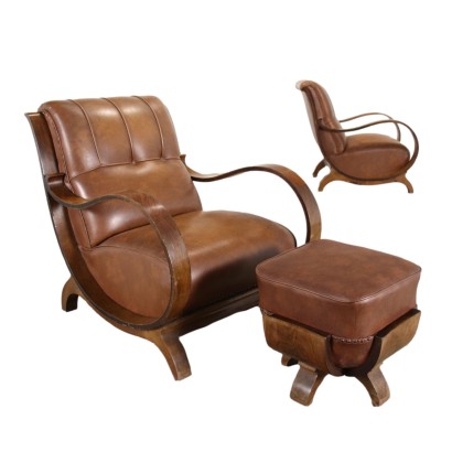 Pair of Art Decò Armchairs and Stool Walnut Italy XX Century