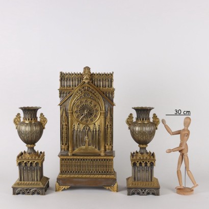 Triptych Neo-Gothic Clock Bronze France XIX Century