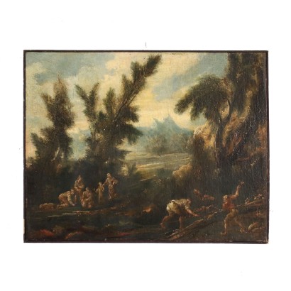 Paesaggio fluviale con figure di boscaioli