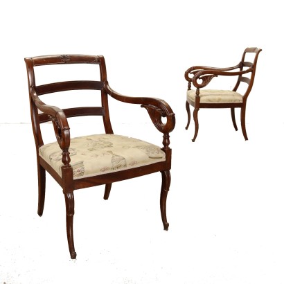 Pair of Restoration Armchairs Mahogany Italy XIX Century