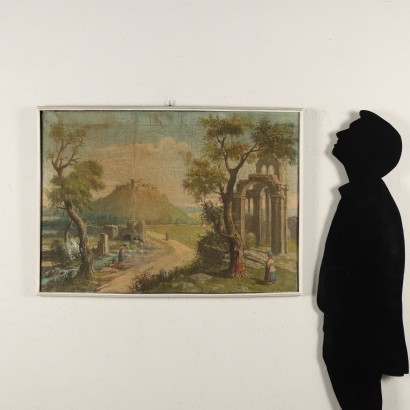 Paire de Paysages avec Personnages Huile sur Toile Italie XX Siècle