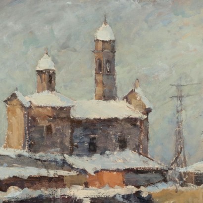 arte, arte italiana, pittura novecento italiana,Gaetano Valbusa ,Scorcio di Paese Innevato,Gaetano Valbusa