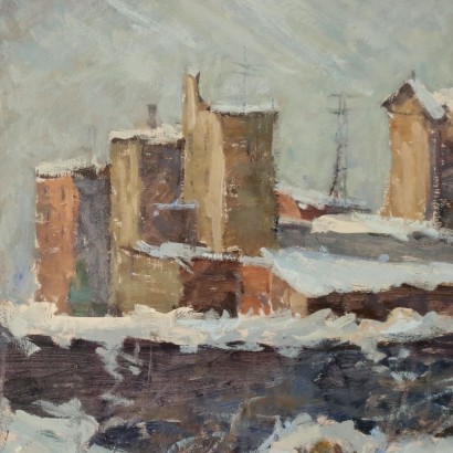 arte, arte italiana, pittura novecento italiana,Gaetano Valbusa ,Scorcio di Paese Innevato,Gaetano Valbusa