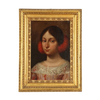 Portrait of a Noblewoman Oil on Wooden Table Spain XVII Century