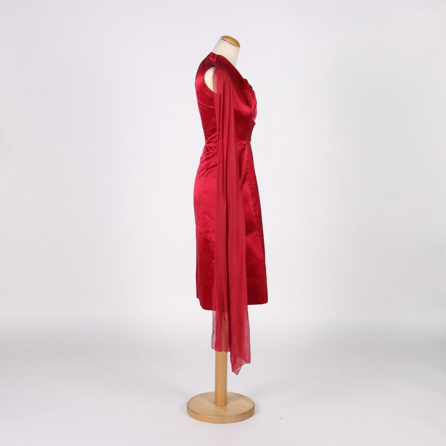 Abito Vintage Tubino Rosso Ciliegia Taglia S Seta Cerniera laterale