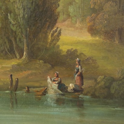 arte, arte italiano, pintura italiana del siglo XIX, Paisaje fluvial con edificios y figuras%