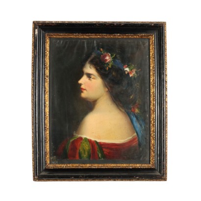 Portrait of a Noblewoman Oil on Cardboard Italy XIX Century
