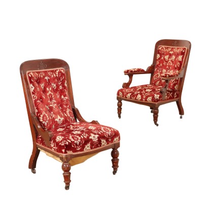 Fauteuil et Chaise Umbertine Noyer Italie XIX Siècle