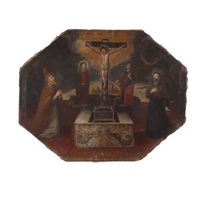 Crucifixión con Santos Pintura octogonal del siglo XVII