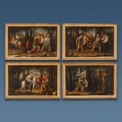 Group of 4 Paintings Orlando Furioso Oil on Canvas Italy XVIII Century