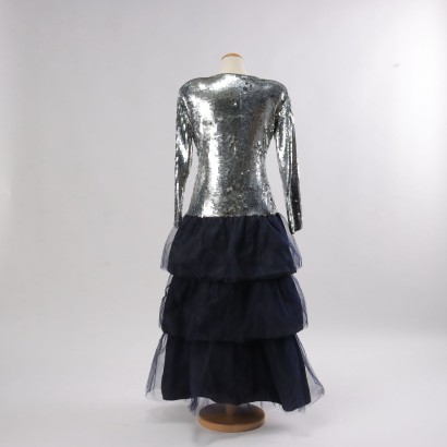 moda vintage, vintage da sera, abbigliamento vintage, anni '80, abito da sera, vestito dsa sera, paillettes, abito con paillettes, abbigliamento capodanno, vintage capodanno,Abito da Sera Vintage Argento e Blu