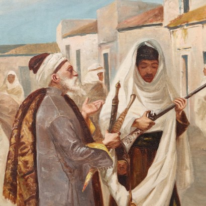 Pintura de finales del siglo XIX con tema, El vendedor de armas a Alessand